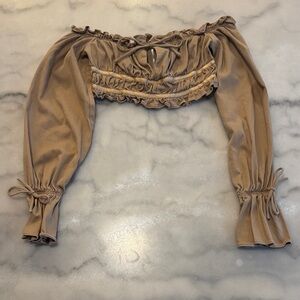 White Fox Boutique Tan Off-Shoulder Crop Top